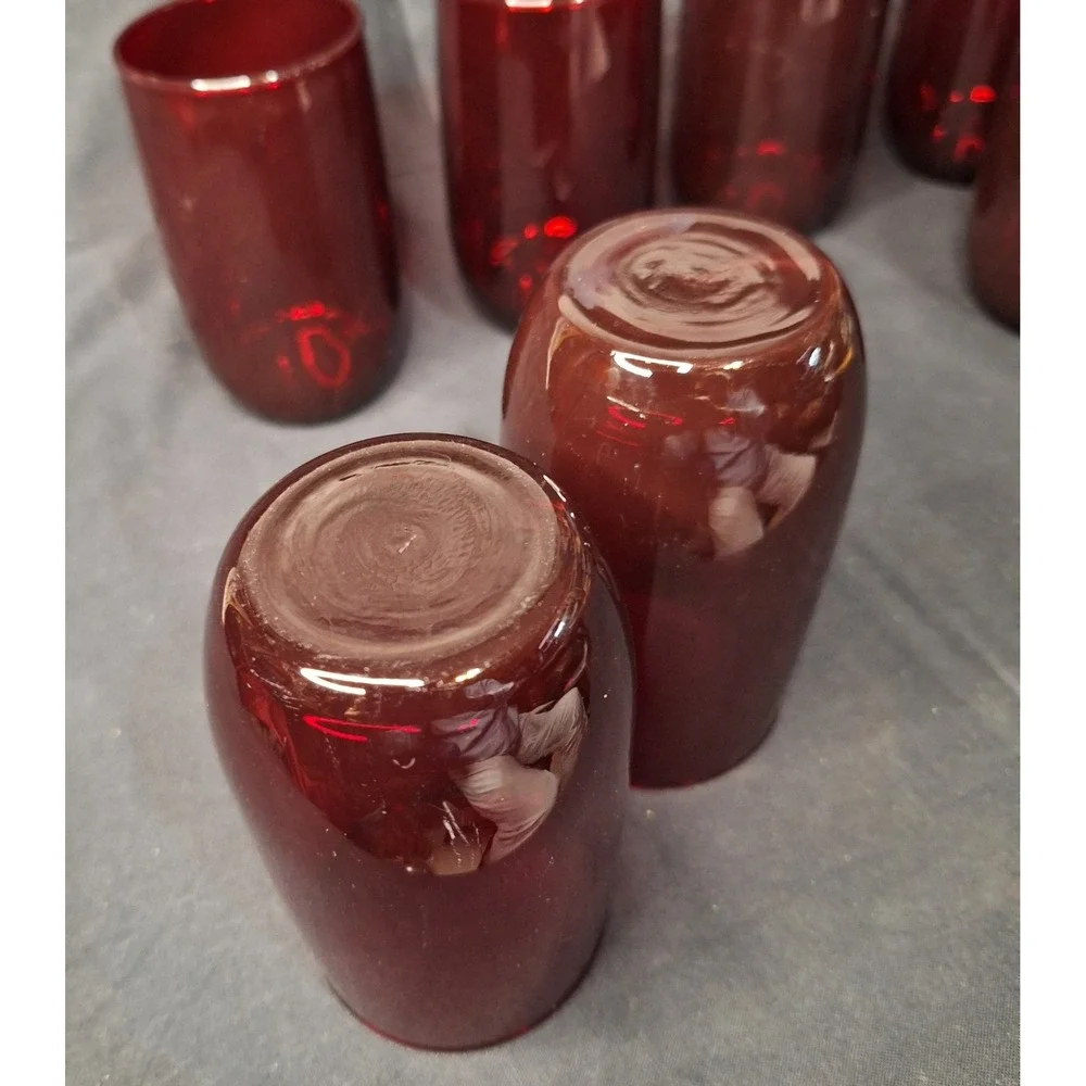 Set of 7 Ruby‎ Red Glass Tumblers Vintage Minimalist Drinking Glasses 4.25 Inch